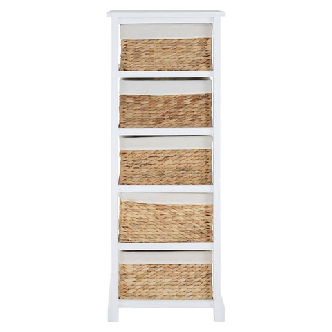 Tall white drawer chest featuring five woven seagrass baskets, each with a natural finish, designed for storage and organization. The chest has a simple, modern design with a flat top and sturdy legs