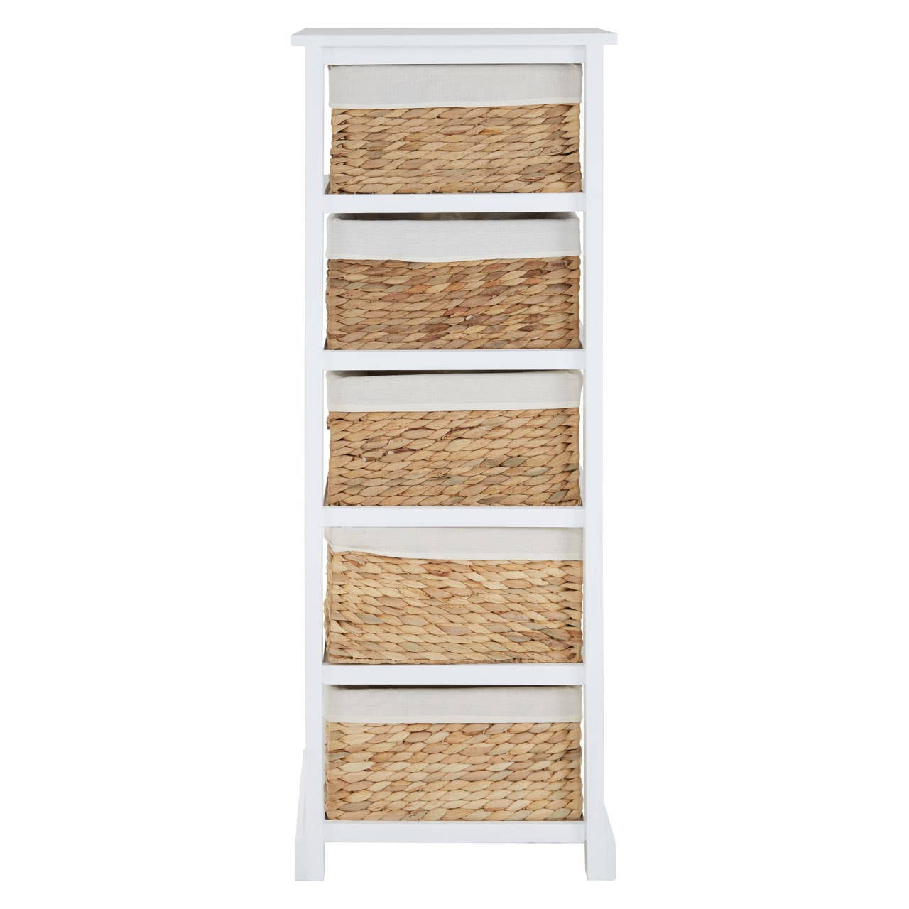 Tall white drawer chest featuring five woven seagrass baskets, each with a natural finish, designed for storage and organization. The chest has a simple, modern design with a flat top and sturdy legs