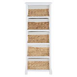 Tall white drawer chest featuring five woven seagrass baskets, each with a natural finish, designed for storage and organization. The chest has a simple, modern design with a flat top and sturdy legs