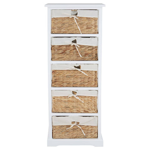 A tall, white wooden chest featuring five drawers made of seagrass, each adorned with a decorative bow and a round metal handle. The chest has a clean, modern design and is suitable for various home decor styles