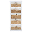 A tall, white wooden chest featuring five drawers made of seagrass, each adorned with a decorative bow and a round metal handle. The chest has a clean, modern design and is suitable for various home decor styles
