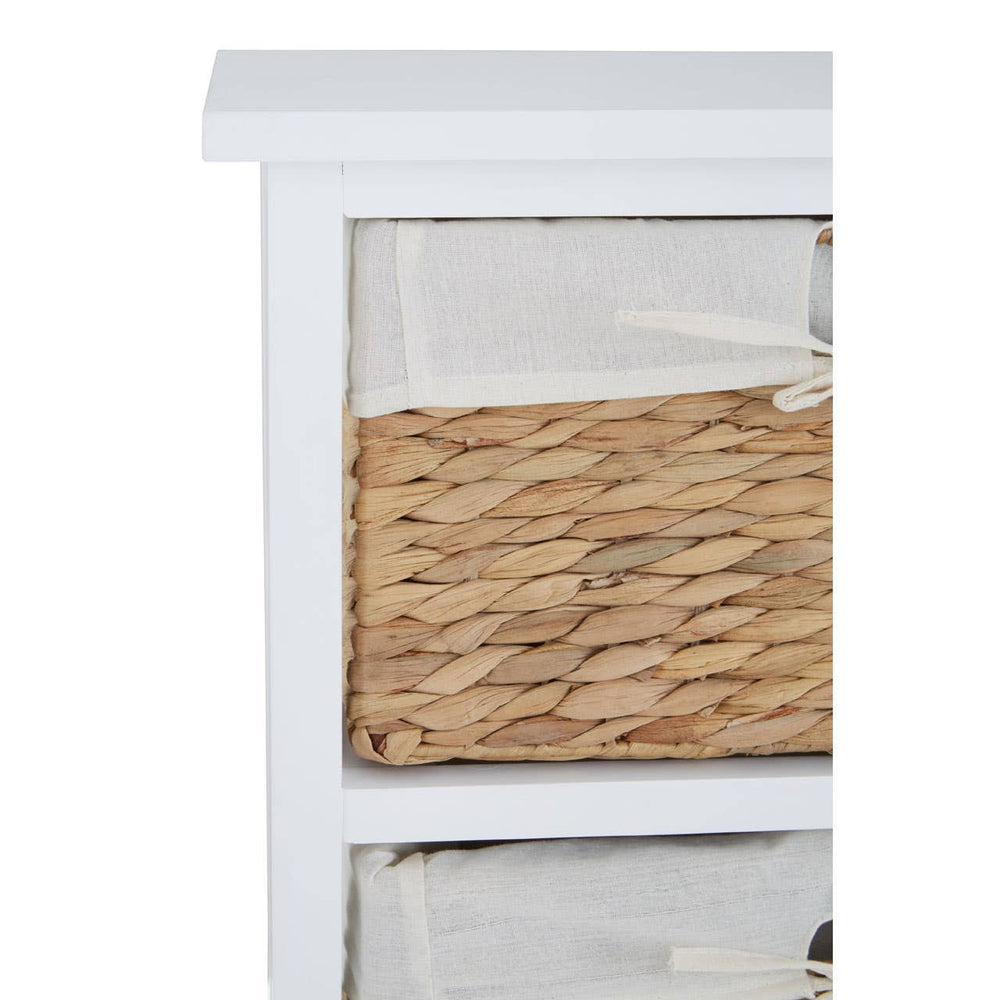 A close-up view of the Ashby 5 Seagrass Drawer Chest, showcasing a white wooden frame with a seagrass woven drawer. The drawer features a transparent front panel, highlighting the natural texture of the seagrass. The top edge of the chest is smooth and flat, complementing the overall design