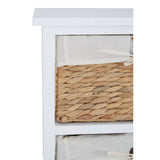 A close-up view of the Ashby 5 Seagrass Drawer Chest, showcasing a white wooden frame with a seagrass woven drawer. The drawer features a transparent front panel, highlighting the natural texture of the seagrass. The top edge of the chest is smooth and flat, complementing the overall design