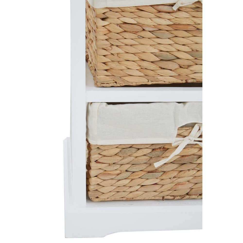 Five woven seagrass drawers with white fabric liners, arranged in a vertical chest design, showcasing a natural texture and light color palette. The chest features a sturdy frame with a clean, modern aesthetic, suitable for home decor