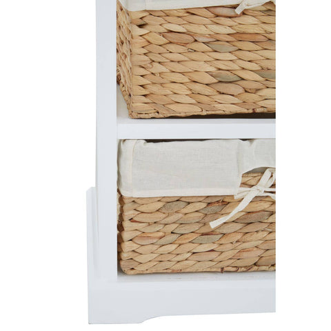 Five woven seagrass drawers with white fabric liners, arranged in a vertical chest design, showcasing a natural texture and light color palette. The chest features a sturdy frame with a clean, modern aesthetic, suitable for home decor