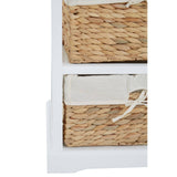 Five woven seagrass drawers with white fabric liners, arranged in a vertical chest design, showcasing a natural texture and light color palette. The chest features a sturdy frame with a clean, modern aesthetic, suitable for home decor