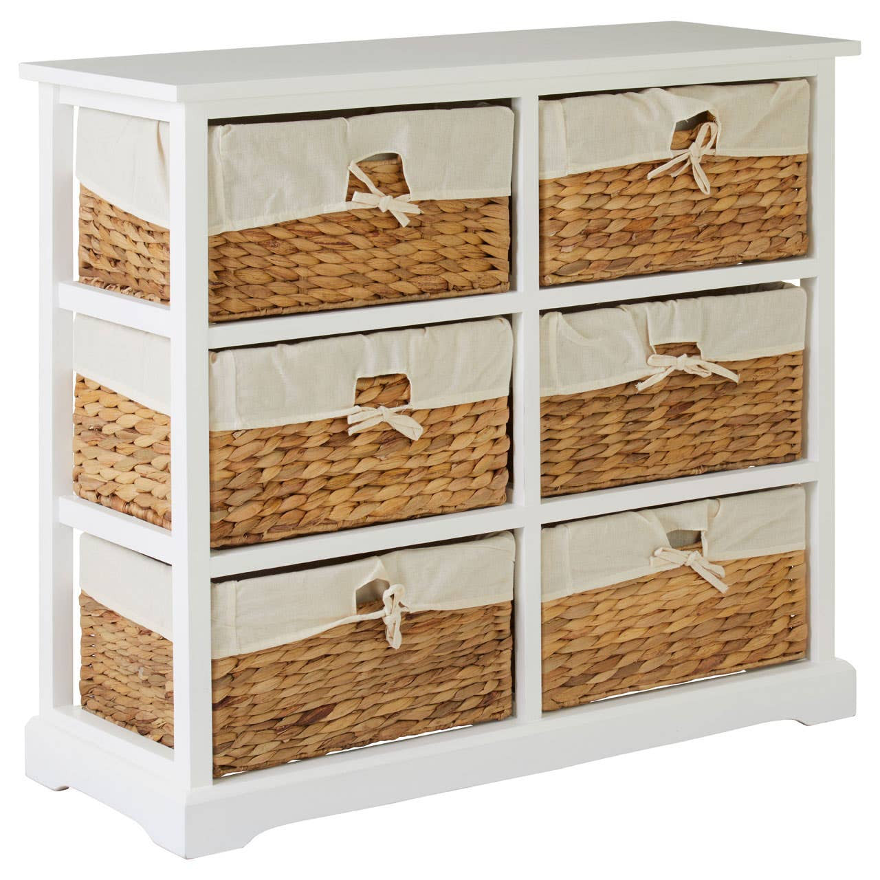 A white wooden chest with six seagrass drawers, featuring a natural woven texture and decorative handles. The chest has a clean, modern design suitable for home decor