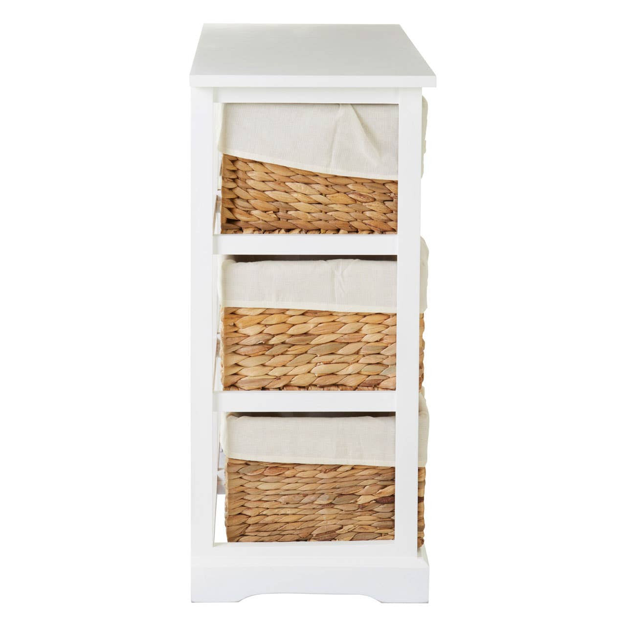 A tall, white wooden chest with three woven seagrass drawers, each lined with a light fabric. The chest features a flat top surface and a simple, modern design suitable for home decor