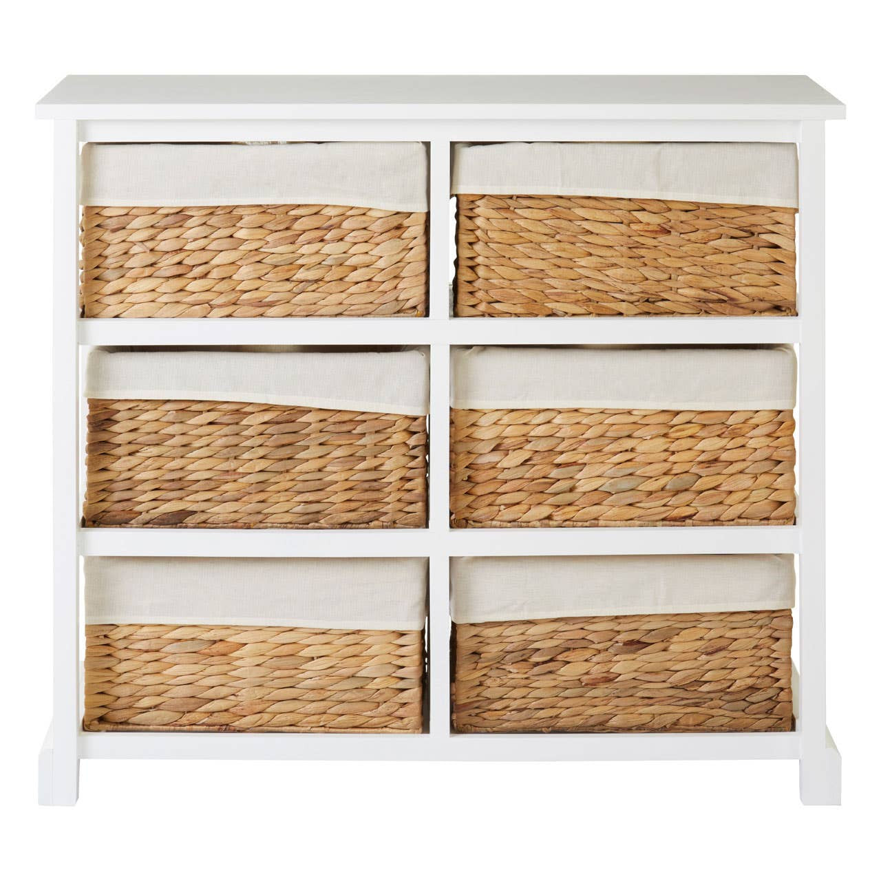 A white wooden chest featuring six seagrass drawers, arranged in two rows of three, with a light-colored fabric lining at the top of each drawer. The chest has a simple, modern design with clean lines and a sturdy base