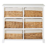 A white wooden chest featuring six seagrass drawers, arranged in two rows of three, with a light-colored fabric lining at the top of each drawer. The chest has a simple, modern design with clean lines and a sturdy base