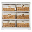 A six-drawer chest featuring a white frame with seagrass woven drawer fronts, each adorned with a decorative handle. The chest has a smooth top surface and a simple, clean design suitable for home decor