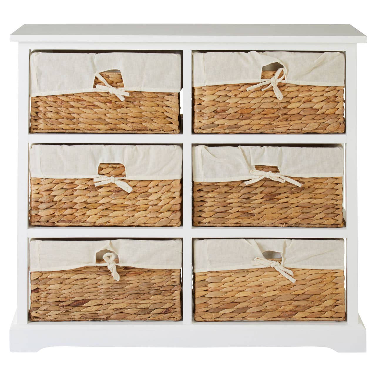 A six-drawer chest featuring a white frame with seagrass woven drawer fronts, each adorned with a decorative handle. The chest has a smooth top surface and a simple, clean design suitable for home decor