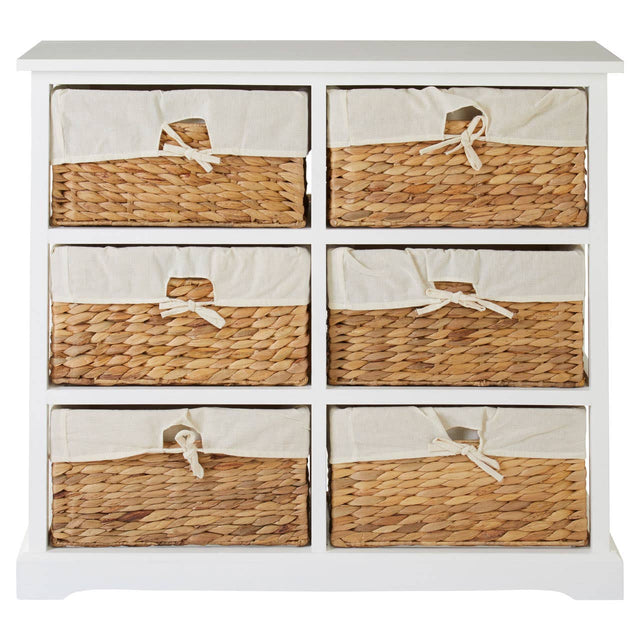 A six-drawer chest featuring a white frame with seagrass woven drawer fronts, each adorned with a decorative handle. The chest has a smooth top surface and a simple, clean design suitable for home decor