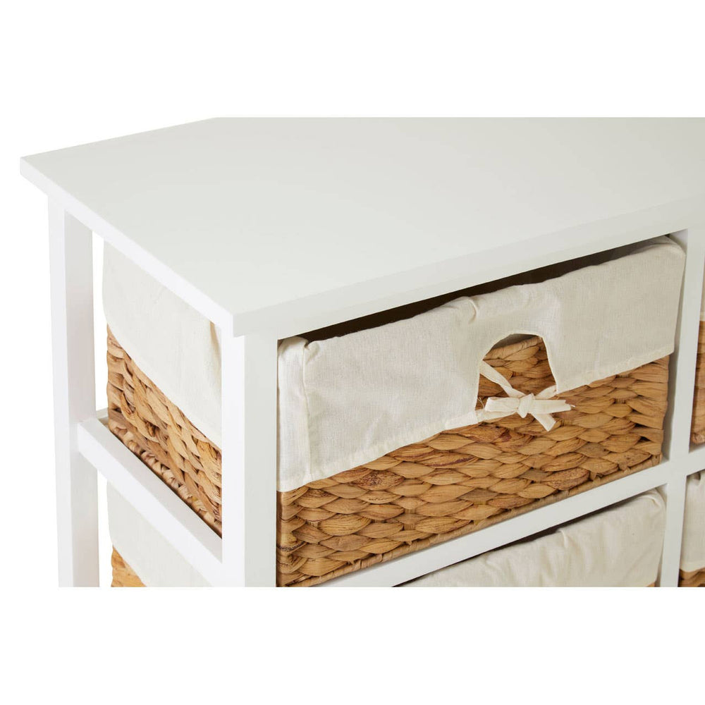 A white chest of drawers featuring six seagrass drawers with fabric fronts, showcasing a natural texture and a simple design. The top surface is flat and smooth, suitable for decorative items or storage