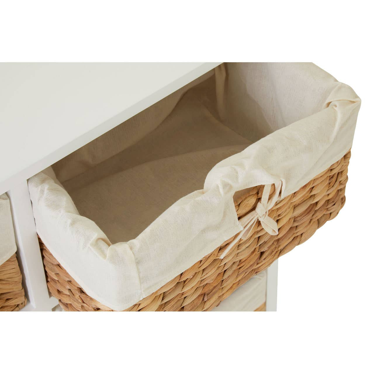 Open seagrass drawer with a cream-colored fabric lining, showcasing the interior space of the Ashby 6 Seagrass Drawer Chest. The drawer features a curved edge and a decorative pull