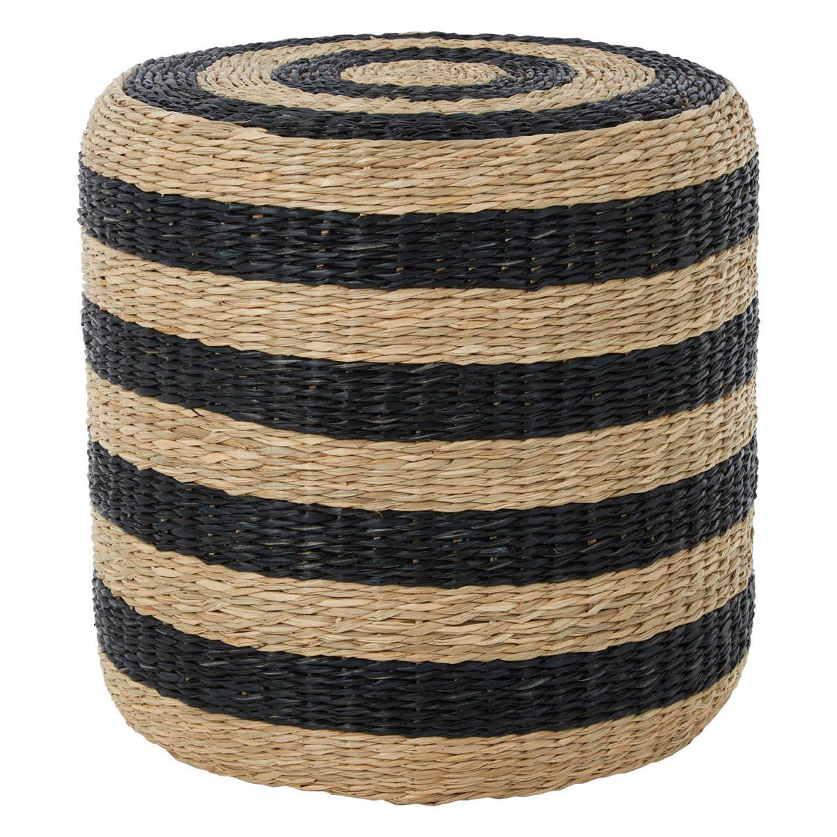 Round pouffe made of seagrass featuring alternating black and natural tan stripes, with a textured surface and a circular top