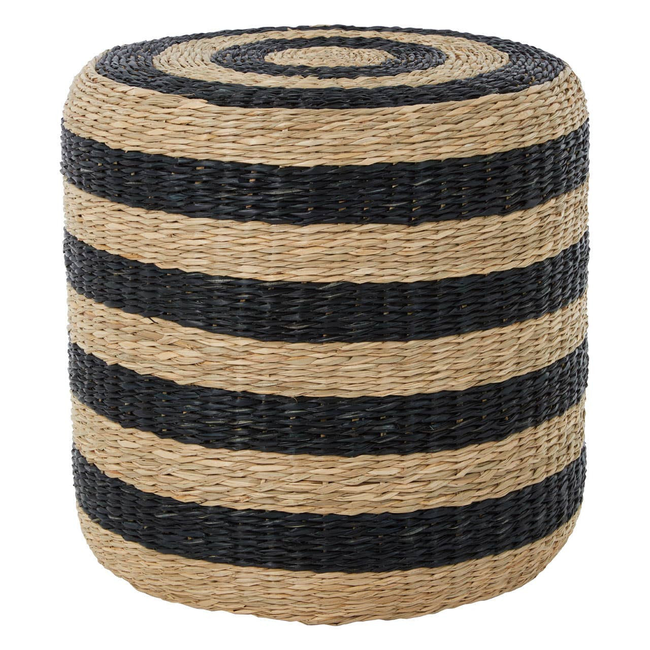 Round pouffe made of seagrass featuring alternating black and natural tan stripes, with a textured surface and a circular top