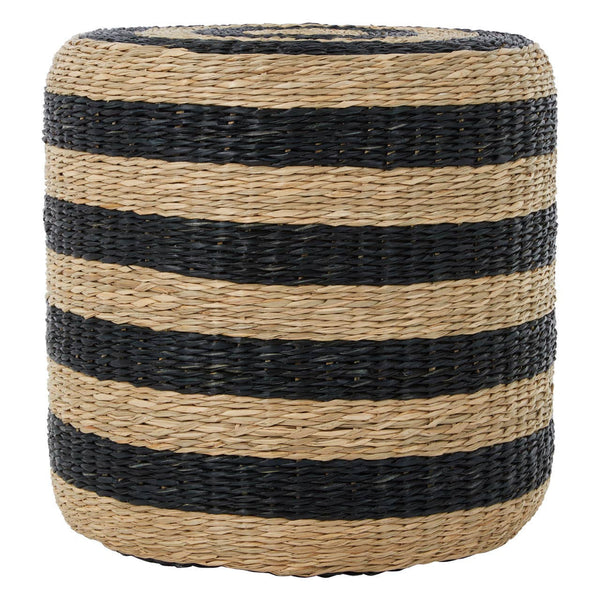 Round pouffe made of seagrass featuring alternating black and natural tan stripes, designed for versatile home decor use