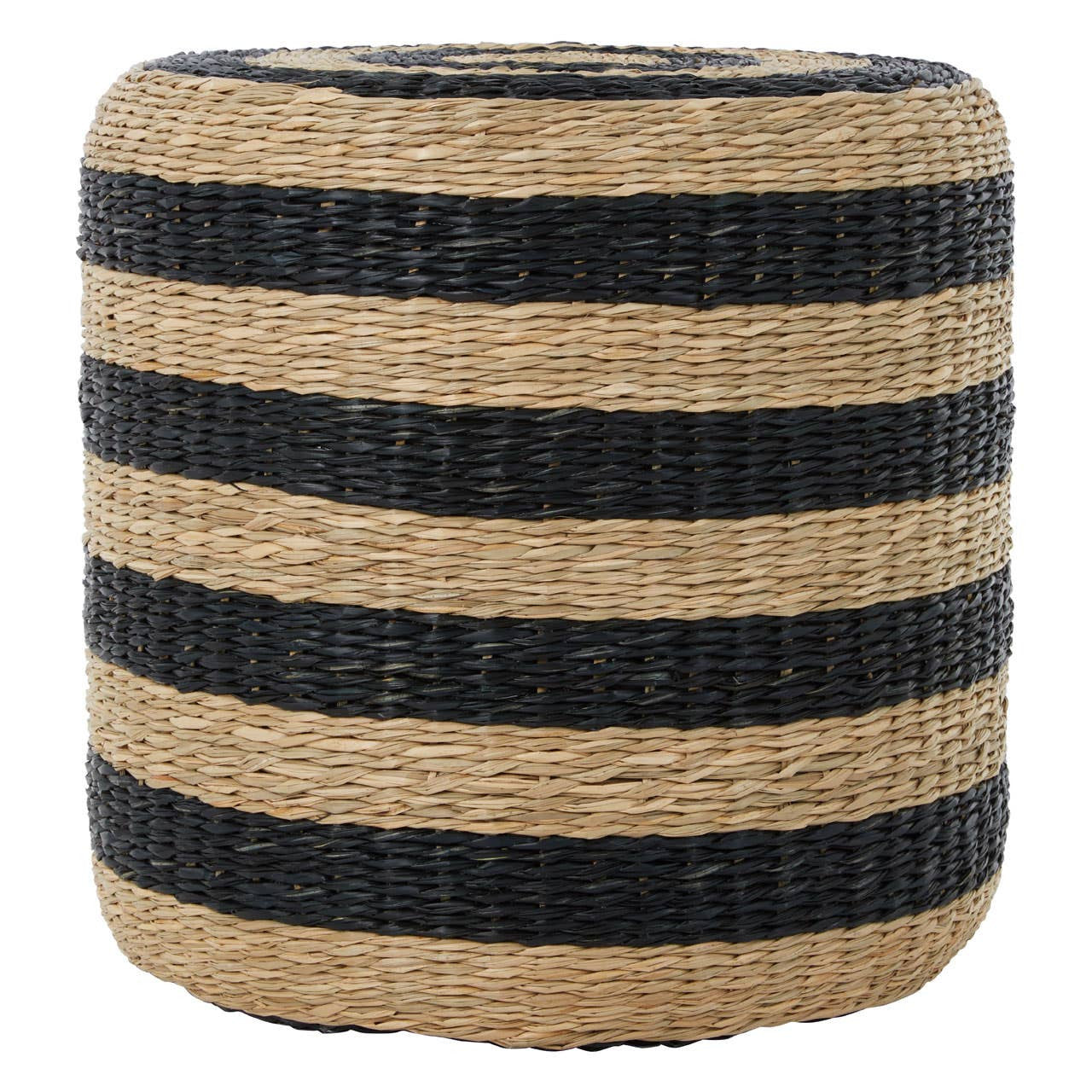 Round pouffe made of seagrass featuring alternating black and natural tan stripes, designed for versatile home decor use