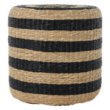 Round pouffe made of seagrass featuring alternating black and natural tan stripes, designed for versatile home decor use