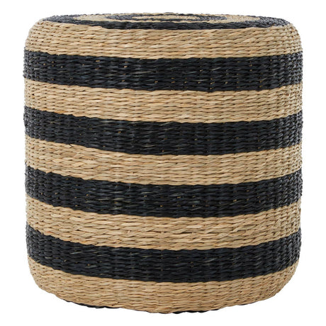 Round pouffe made of seagrass featuring alternating black and natural tan stripes, designed for versatile home decor use