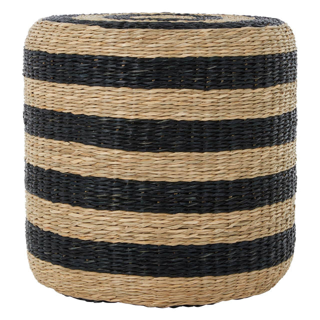 Round pouffe made of seagrass featuring alternating black and natural tan stripes, designed for versatile home decor use