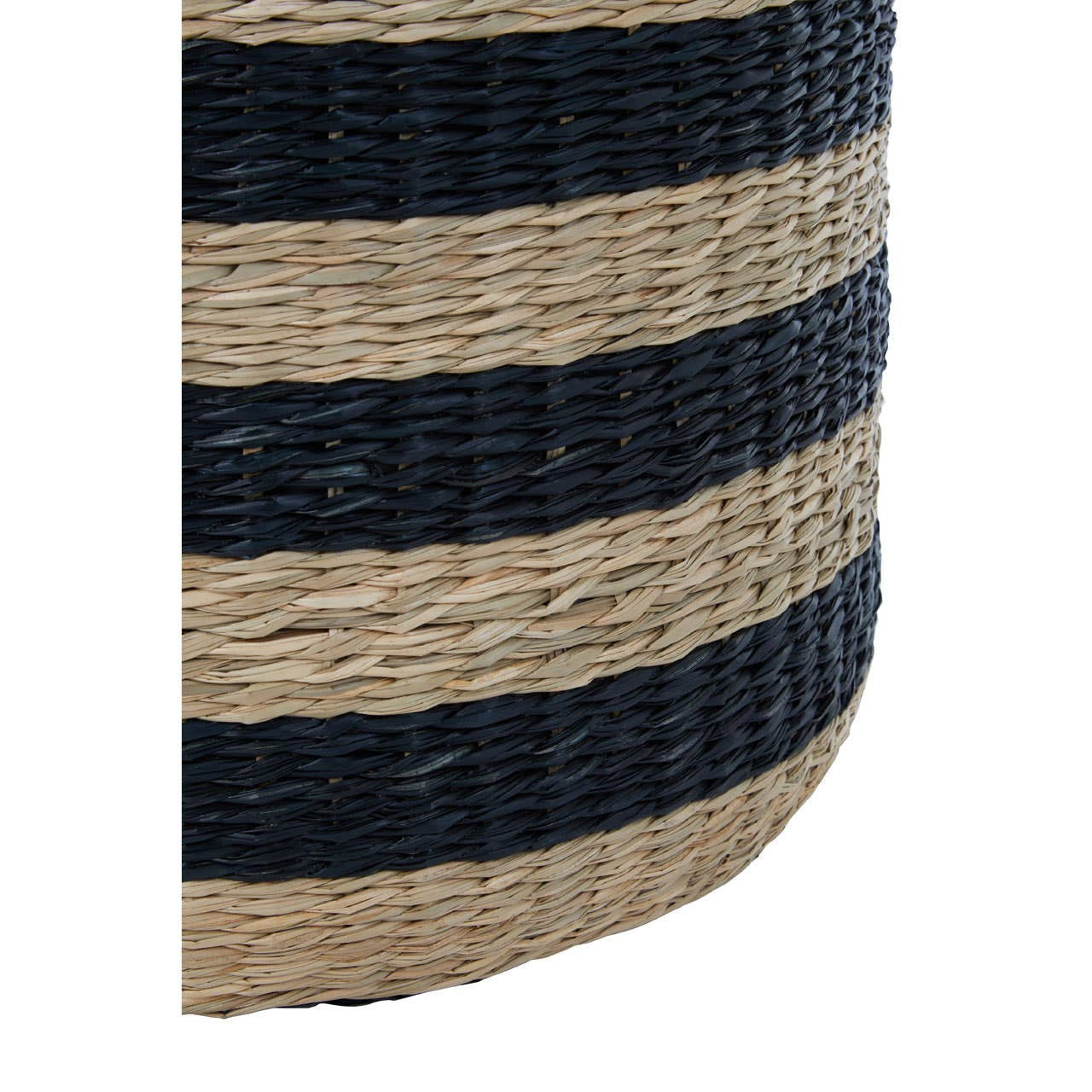 Seagrass pouffe featuring a woven design with alternating black and natural tan stripes, showcasing a rounded shape and textured surface