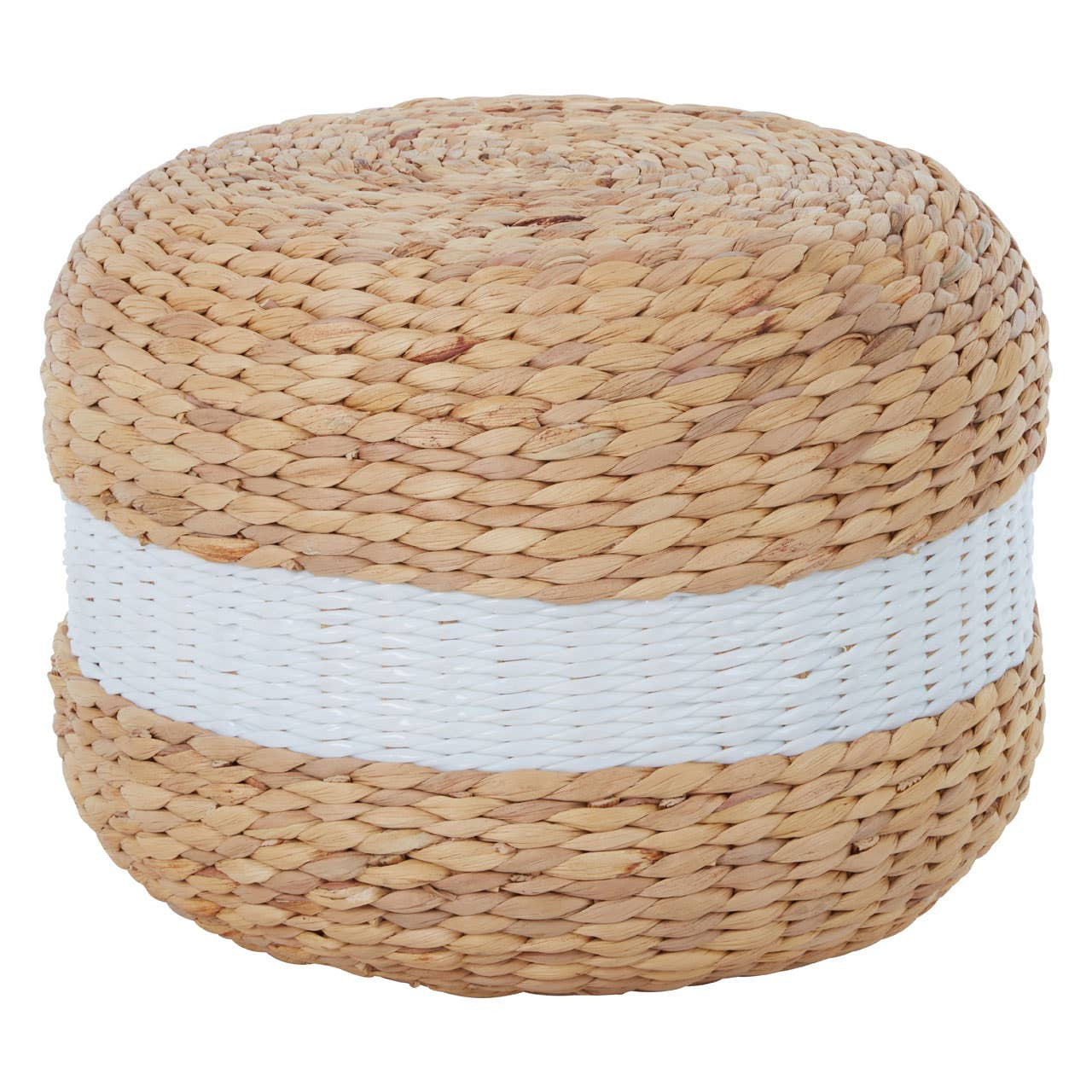 Round pouffe made from natural water hyacinth, featuring a textured woven design with a prominent white stripe around its center. The pouffe has a light brown color, showcasing the organic material's natural fibers