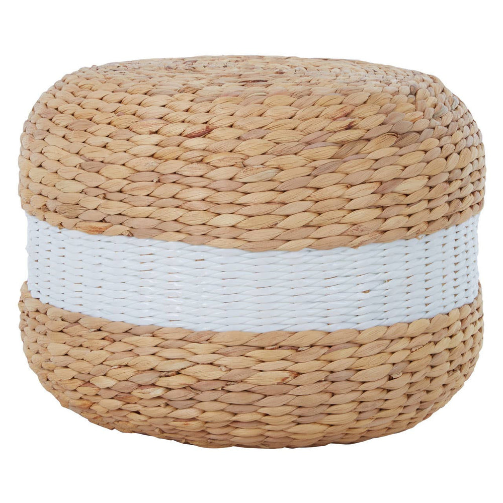 Round pouffe made from woven water hyacinth with a textured natural finish, featuring a prominent white stripe around its center. The pouffe is designed for versatile use in home decor, adding a touch of bohemian style