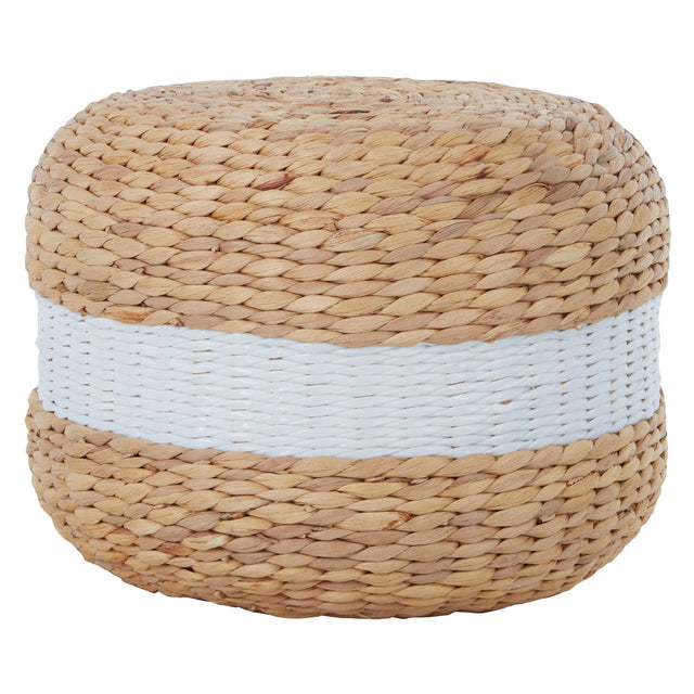 Round pouffe made from woven water hyacinth with a textured natural finish, featuring a prominent white stripe around its center. The pouffe is designed for versatile use in home decor, adding a touch of bohemian style