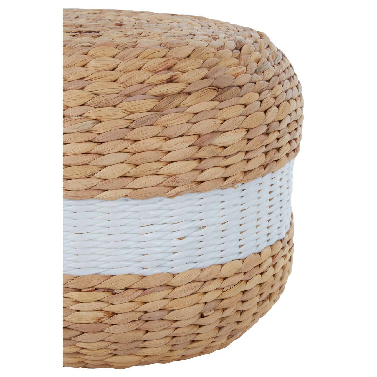 Round pouffe made from natural water hyacinth with a textured surface, featuring a prominent white stripe around its midsection. The pouffe has a warm, earthy tone and a woven design that adds a rustic touch to home decor