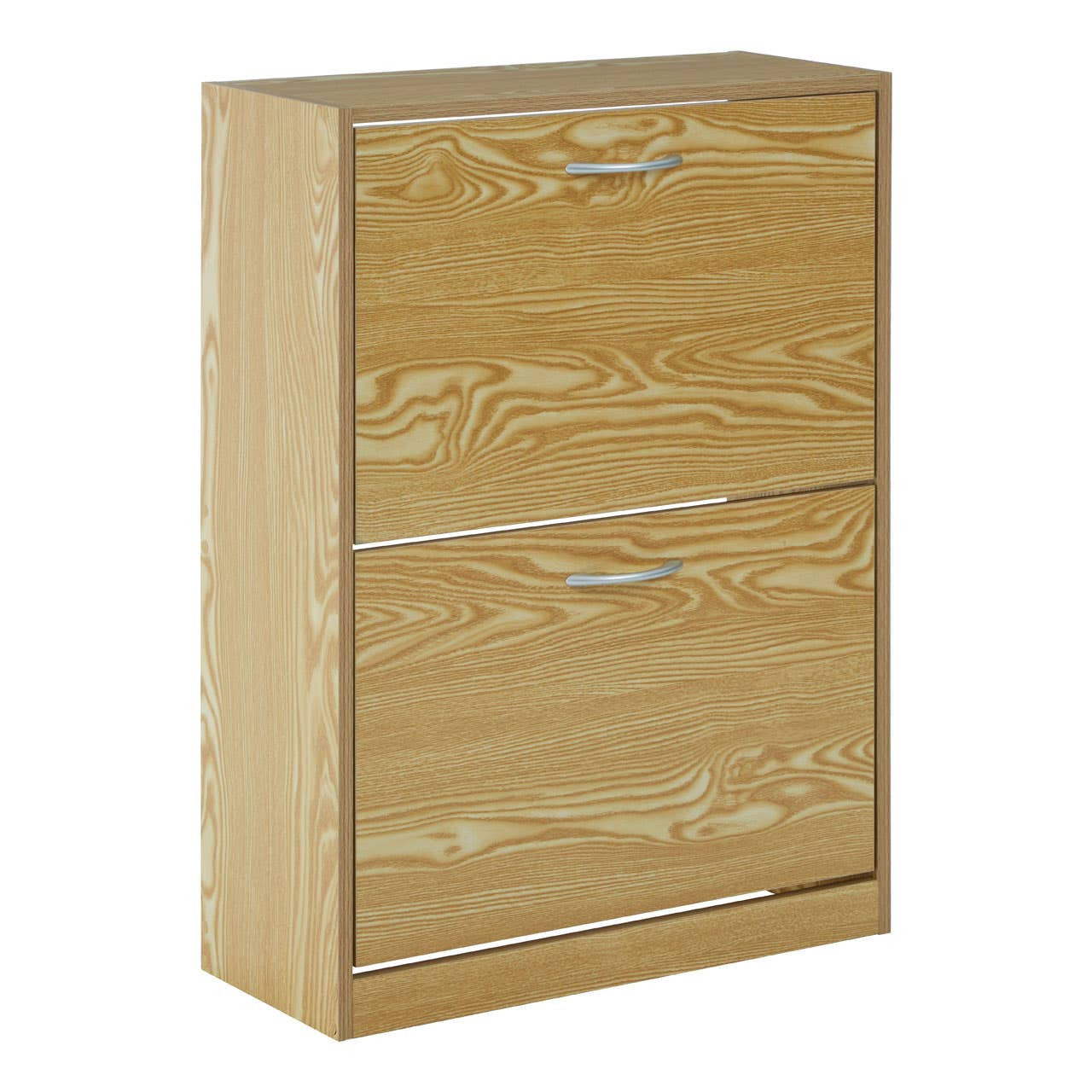 Light wood-colored two-tier shoe cabinet with a smooth finish, featuring two horizontal drawers with sleek silver handles, designed for organized shoe storage
