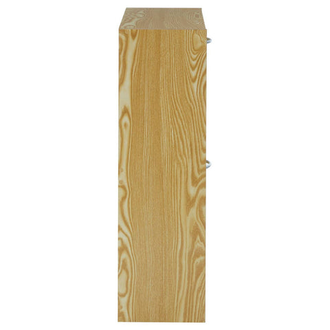 Tall, narrow shoe cabinet with a natural wood finish, featuring a smooth surface and clean lines. The cabinet has two tiers for storage, designed to hold shoes and keep them organized