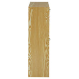 Tall, narrow shoe cabinet with a natural wood finish, featuring a smooth surface and clean lines. The cabinet has two tiers for storage, designed to hold shoes and keep them organized