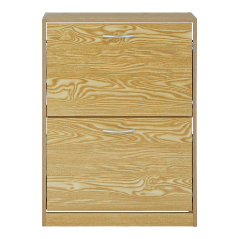 Light wood two-tier shoe cabinet with a smooth finish, featuring two horizontal drawers at the front and a minimalist design. The cabinet has a natural wood grain pattern and is suitable for organizing footwear