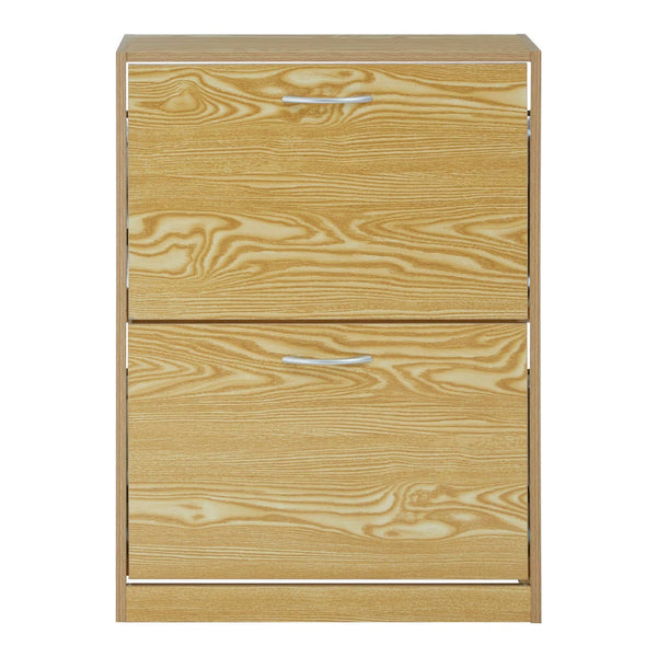 Light wood two-tier shoe cabinet with a smooth finish, featuring two horizontal drawers at the front and a minimalist design. The cabinet has a natural wood grain pattern and is suitable for organizing footwear