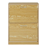 Light wood two-tier shoe cabinet with a smooth finish, featuring two horizontal drawers at the front and a minimalist design. The cabinet has a natural wood grain pattern and is suitable for organizing footwear