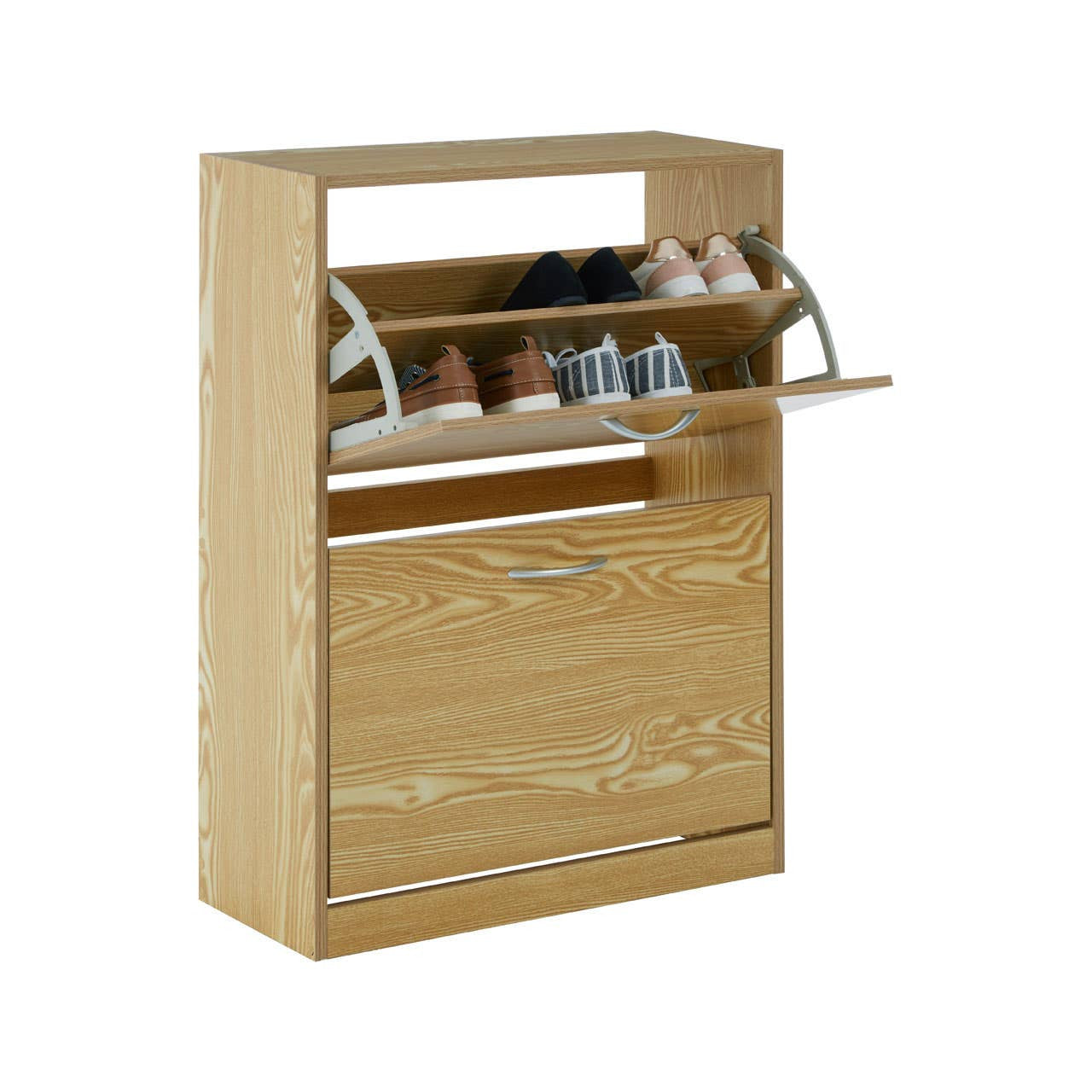 A light wood shoe cabinet with two tiers for storing shoes, featuring a top shelf with a curved metal handle and a lower drawer. The cabinet has a simple, modern design and is suitable for entryways or hallways