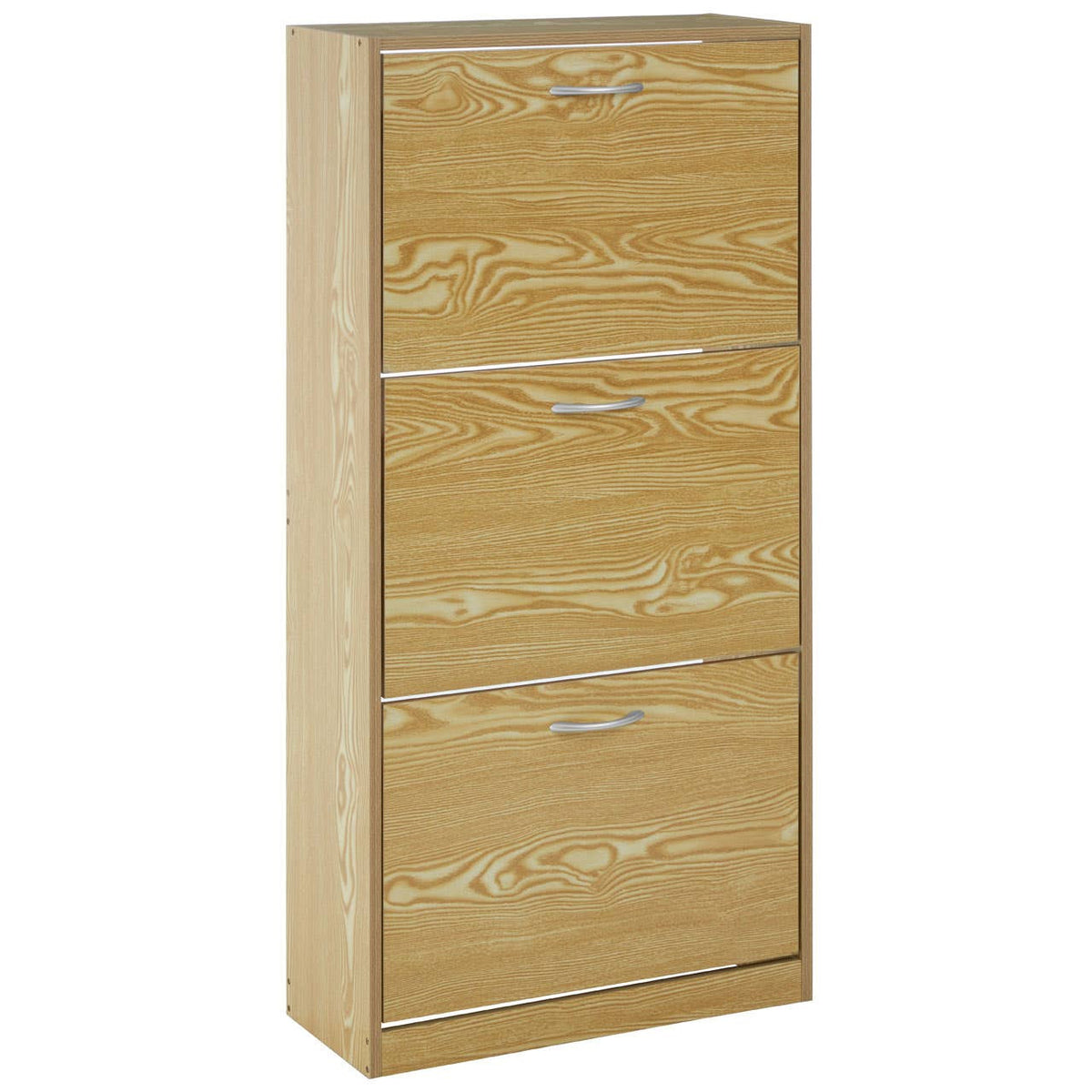 Tall, light wood shoe cabinet with three horizontal storage compartments, featuring a smooth finish and minimalist design. The cabinet has a simple handle on each compartment, providing a modern look suitable for home organization
