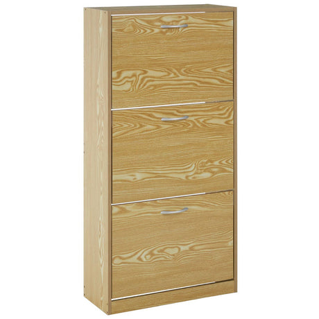 Tall, light wood shoe cabinet with three horizontal storage compartments, featuring a smooth finish and minimalist design. The cabinet has a simple handle on each compartment, providing a modern look suitable for home organization
