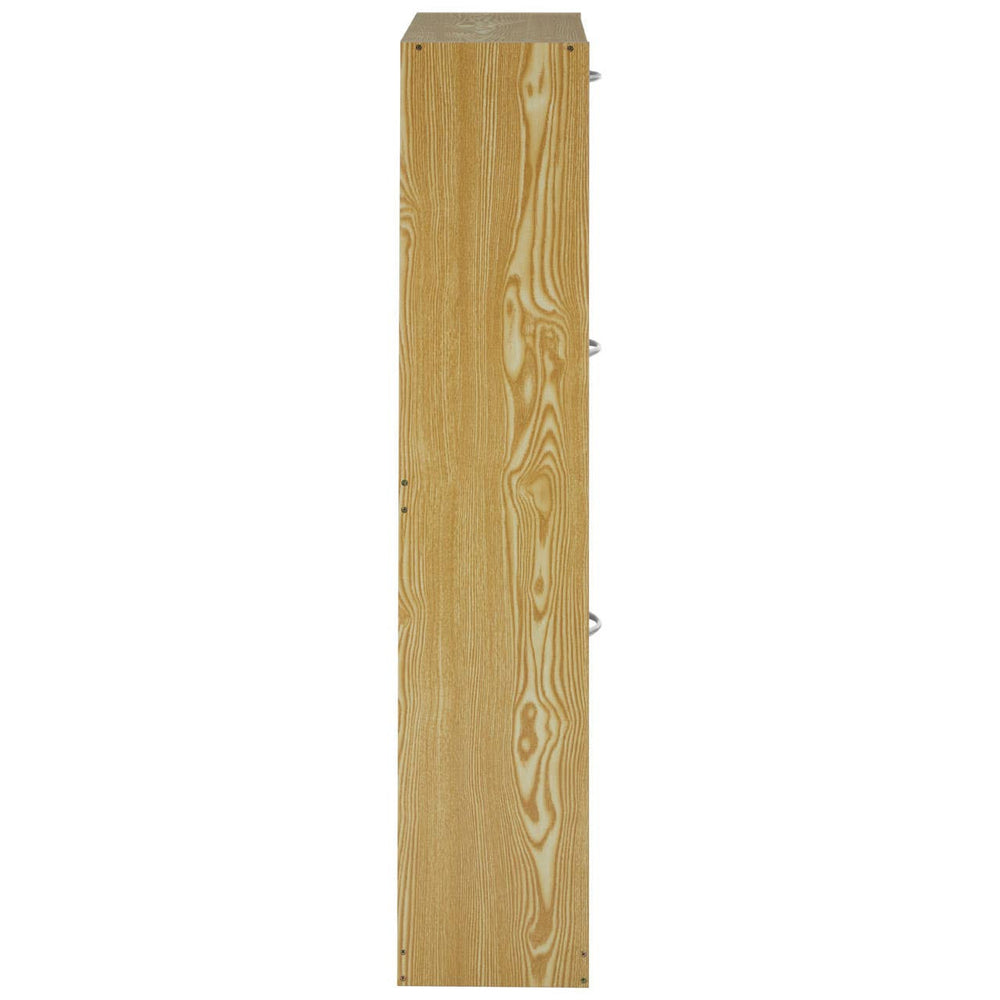 Tall, narrow shoe cabinet with three tiers, featuring a light wood finish and a minimalist design. The cabinet has a smooth surface and is designed to store shoes, with visible grooves and a sleek profile