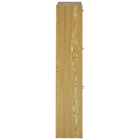 Tall, narrow shoe cabinet with three tiers, featuring a light wood finish and a minimalist design. The cabinet has a smooth surface and is designed to store shoes, with visible grooves and a sleek profile