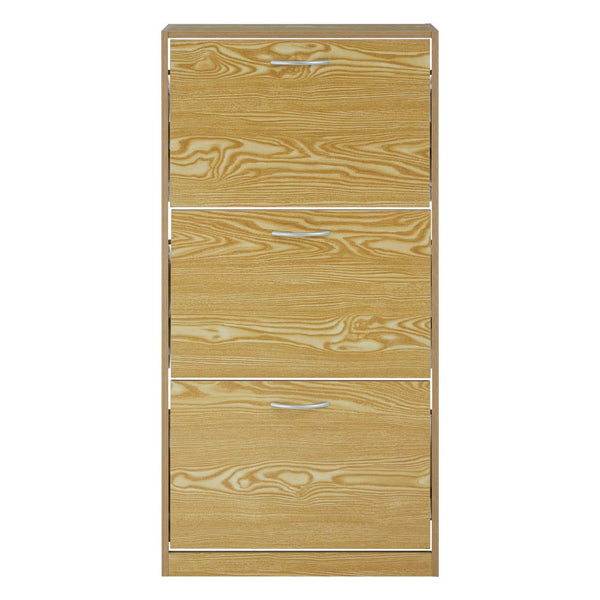 Light wood shoe cabinet with three horizontal storage compartments, featuring a smooth surface and a minimalist design. The cabinet has a natural wood grain pattern and a simple rectangular shape, suitable for organizing footwear in an entryway or hallway