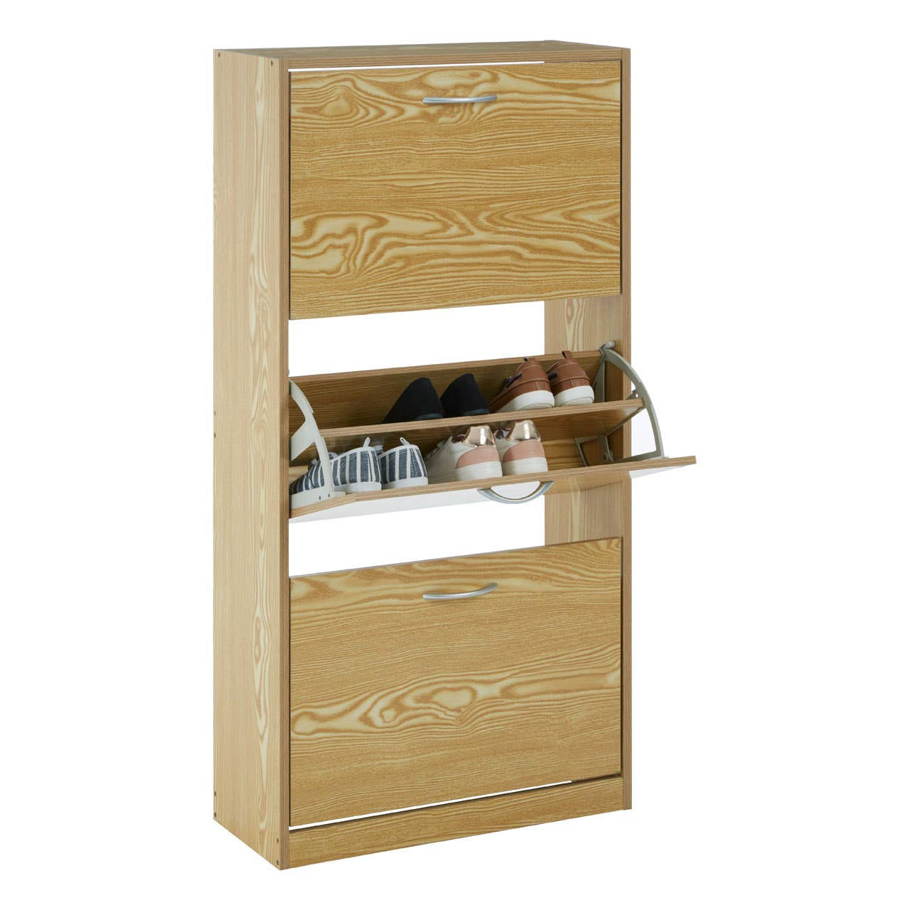 A tall, light wood shoe cabinet with three tiers, featuring a sleek design and a front panel that includes a horizontal cutout for easy access. The cabinet is partially open, displaying several pairs of shoes neatly arranged on the middle shelf. The overall finish is smooth and modern, suitable for home decor