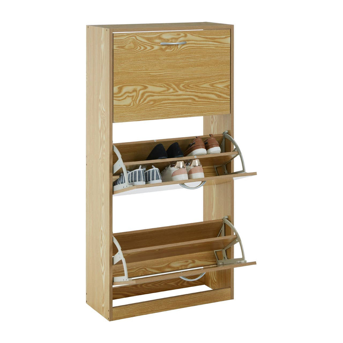 A wooden shoe cabinet with a light oak finish featuring three open tiers for shoe storage. The cabinet has a flat top surface and a simple, modern design, with metal supports for the shelves. The bottom two tiers are partially filled with various pairs of shoes, while the top tier remains empty