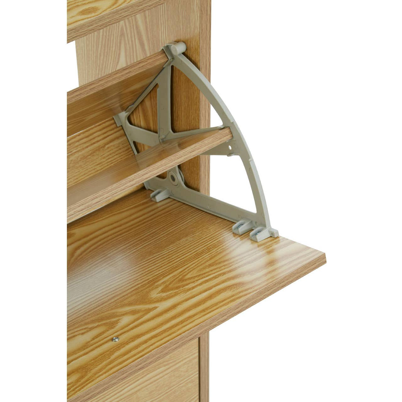 Close-up view of the Jenson 3 Tier Shoe Cabinet showing a wooden shelf supported by a metal bracket, highlighting the cabinet's sturdy construction and design
