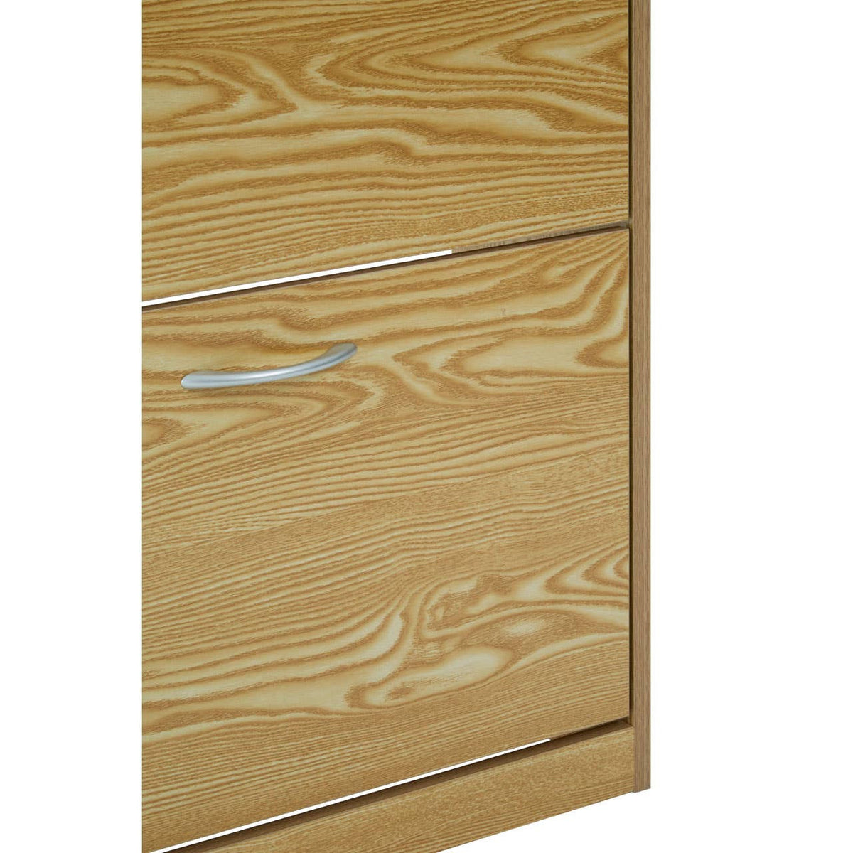 Light wood shoe cabinet featuring three tiers for storage, with a sleek design and a smooth surface. The cabinet has a minimalist aesthetic, highlighted by horizontal wood grain patterns and a simple metal handle on the top drawer