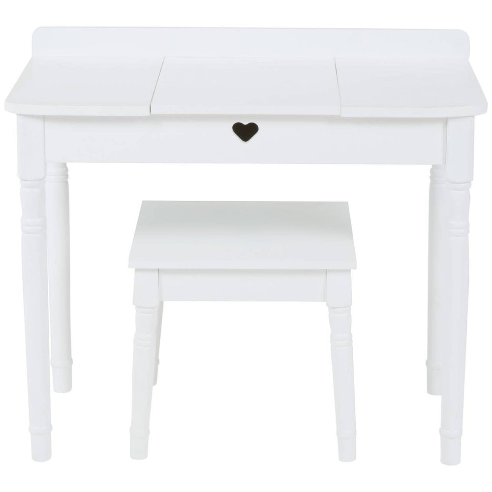 White children's dressing table with a smooth top, featuring a small heart-shaped drawer handle, accompanied by a matching stool. The design is simple and elegant, suitable for a child's room