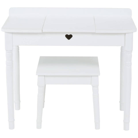 White children's dressing table with a smooth top, featuring a small heart-shaped drawer handle, accompanied by a matching stool. The design is simple and elegant, suitable for a child's room