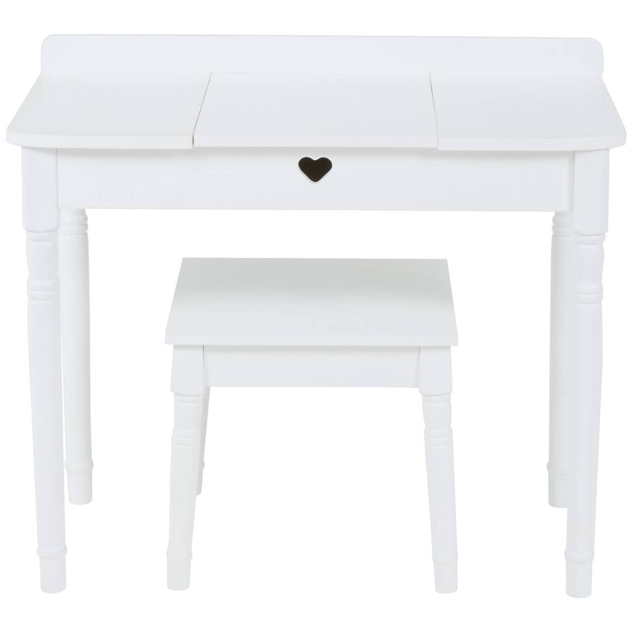 White children's dressing table with a smooth top, featuring a small heart-shaped drawer handle, accompanied by a matching stool. The design is simple and elegant, suitable for a child's room